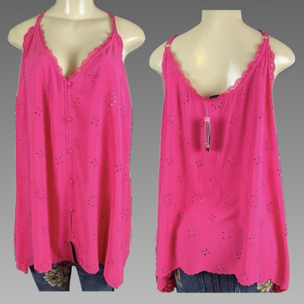 Torrid 5X Embroidered Eyelet Lace Trim Camisole Tank Pink Fuchsia Button Down